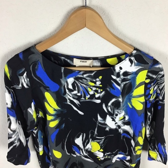 Fuzzi Jean Paul Gaultier Dress 42 Black Blue Yellow Print Tunic Shift - Picture 2 of 8